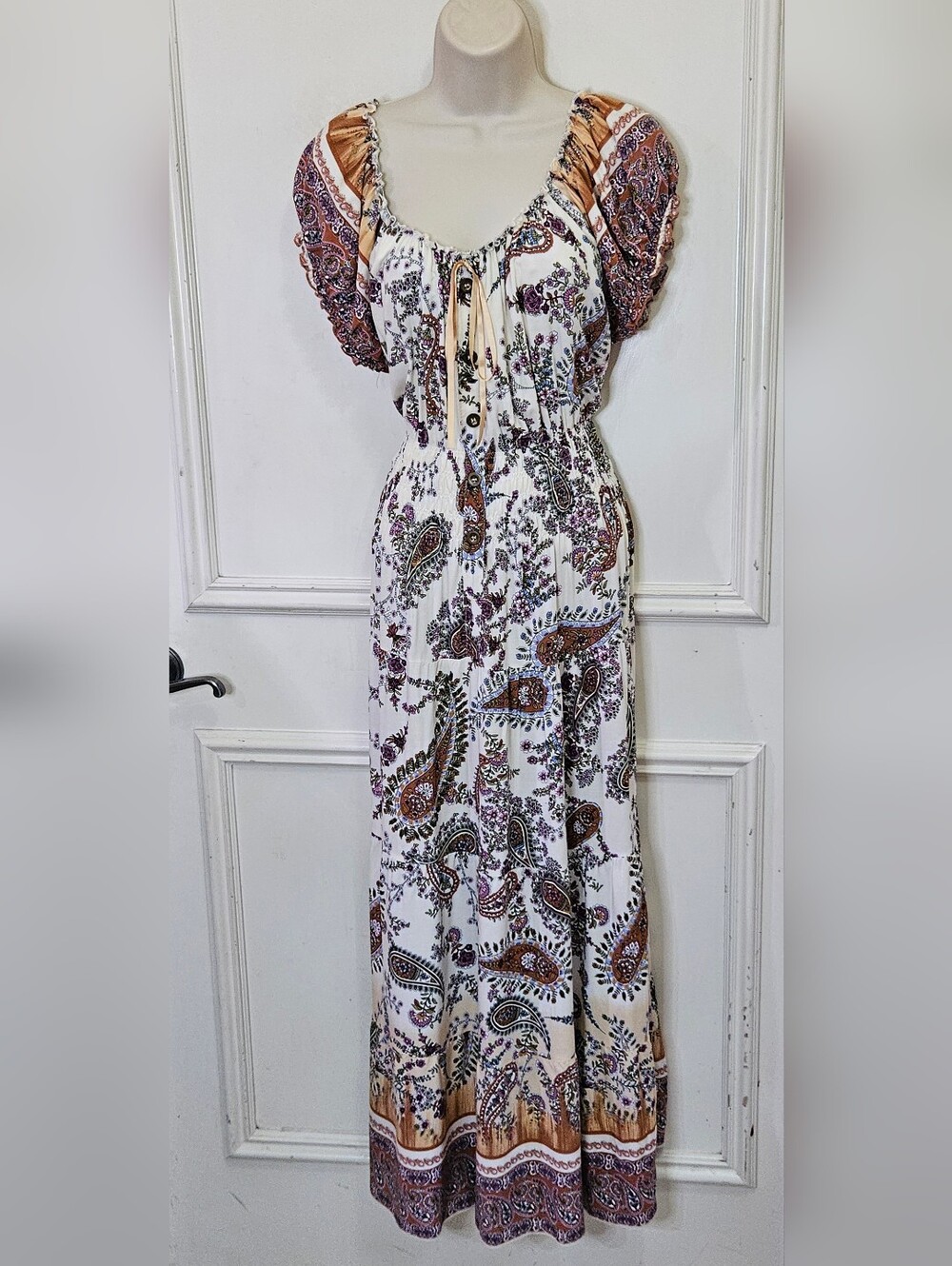OTOO Cream Multi-Color Paisley Floral Boho Smocked Waist Maxi Dress,Size XXL